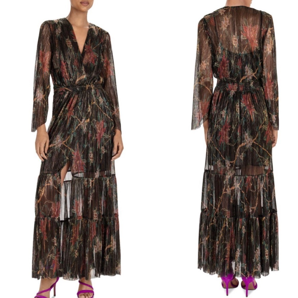 Ba&Sh Hendrix Metallic Plisse’ Floral Maxi Dress Size 6